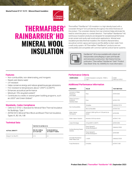 Thermafiber RainBarrier HD Mineral Wool Insulation Data Sheet