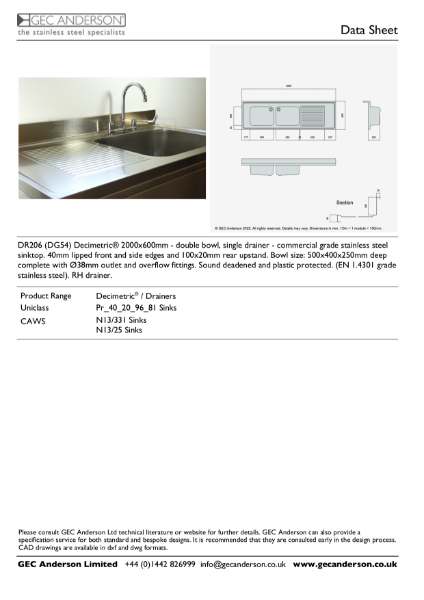 GEC Anderson Data Sheet - DR206 (DG54)R Double Bowl With Drainer