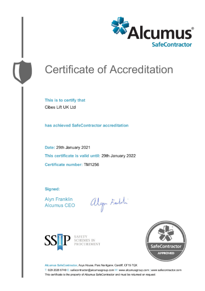 Alcumus Safe Contractor Certificate of Accreditation