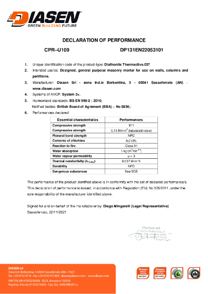 Diasen Diathonite Thermactive.037 Declaration of Performance (DOP) BS 998-2 (UKCA)