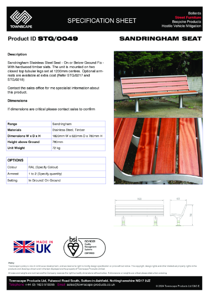 Townscape Sandringham Stainless Steel Seat Specification Sheet STG/0049