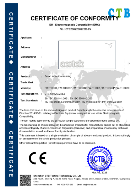 Aertek T3 - Electromagnetic Compatibility (EMC) - Certificate of Conformity