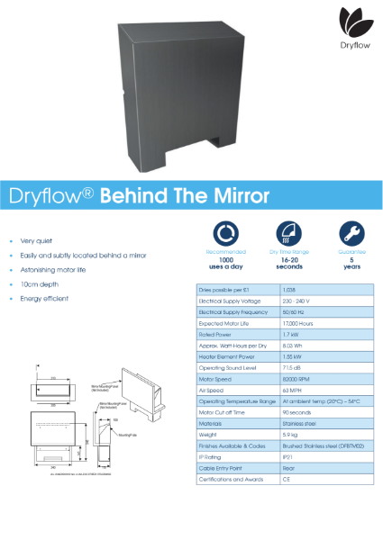 Hand Dryer Spec Sheet - Dryflow Behind the Mirror Hand Dryer