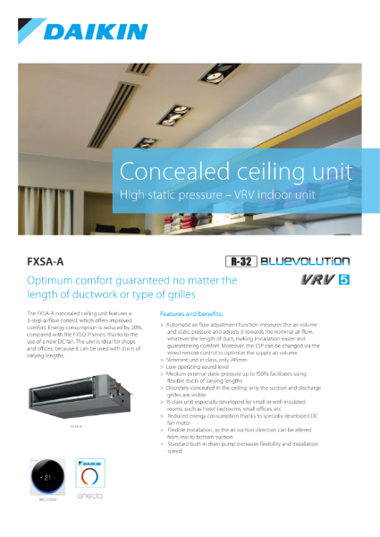 FXSA-A Concealed Ceiling Unit Data Sheet