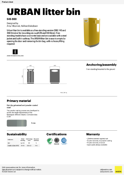 Urban litter bin with ashtray, 140 litres - 545-900