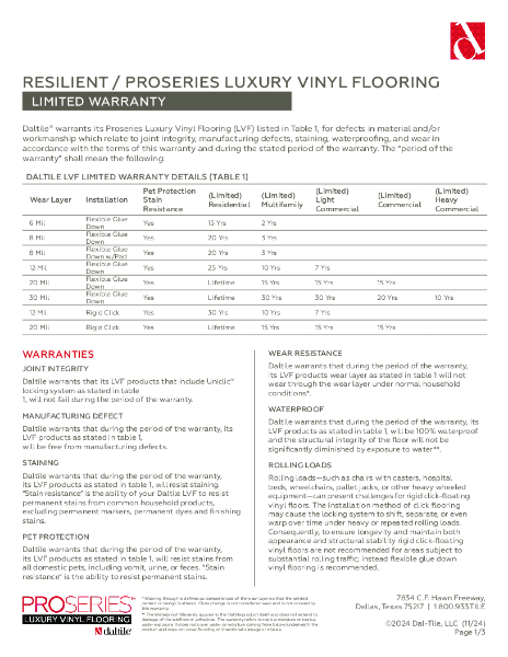 Daltile Pro Series Grantshire LVF - Warranty