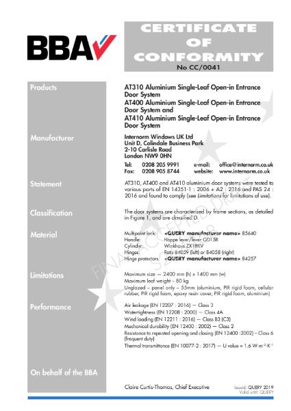 0041 Certificate of Conformity CC/0041 BBA certification Internorm AT310-400-410 Entrance doors