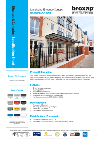 Llandudno Entrance Canopy Specification Sheet