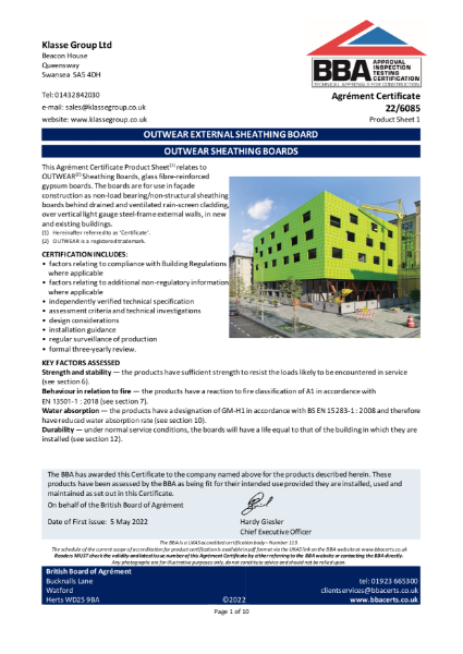 Klasse External Sheathing Board - BBA Certificate