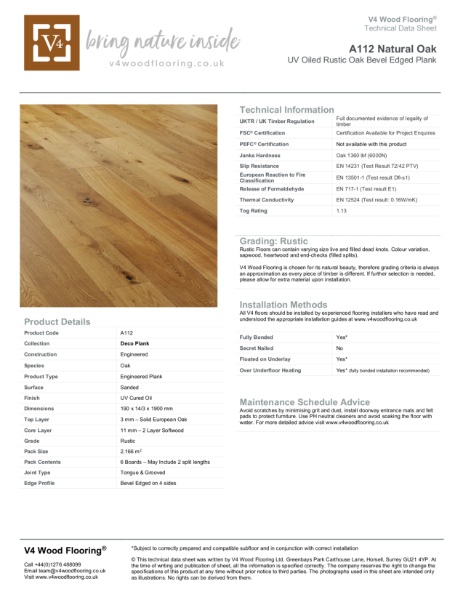 A112 Natural Oak I Technical Datasheet