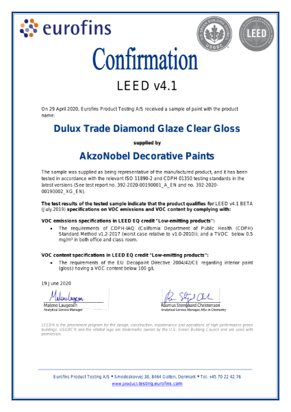 Dulux Trade Diamond Glaze LEED Attestation 