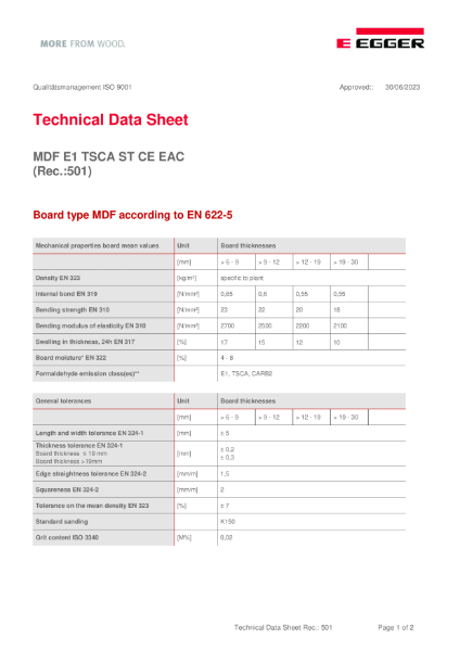 Technical Datasheet - Eurodekor®  Faced Medium Density Fiberboard (MDF) E1 TSCA ST CE EAC