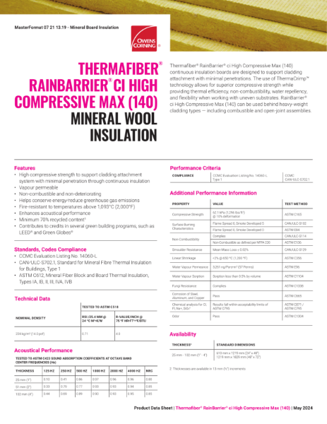 Thermafiber RainBarrier CI High Compressive Max (140) Mineral Wool Insulation Data Sheet