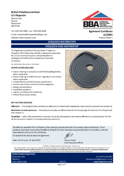 BBA Certificate Visqueen VX 25 Waterstop