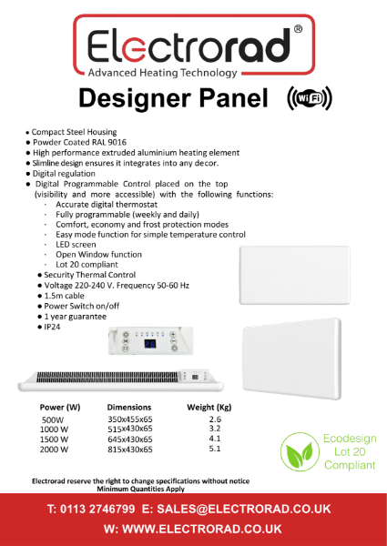 Designer Panel - Convector Heater Range – Product Data Sheet