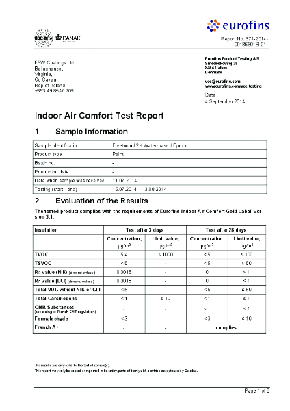 Indoor Air Comfort Test Report Bio Tec Two Pack Epoxy