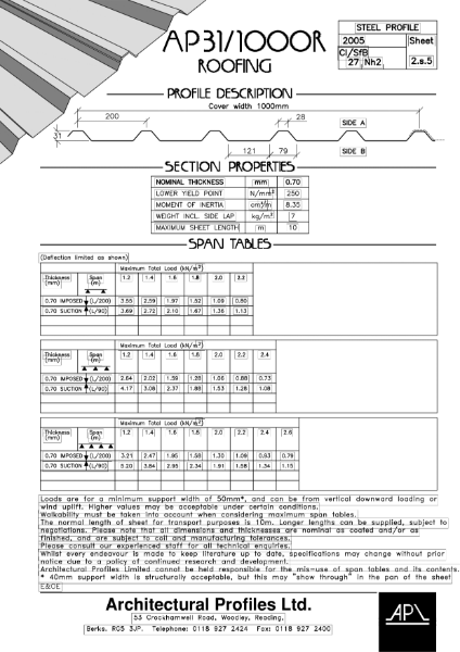 AP 31/1000R - Steel - Roofing Data Sheet