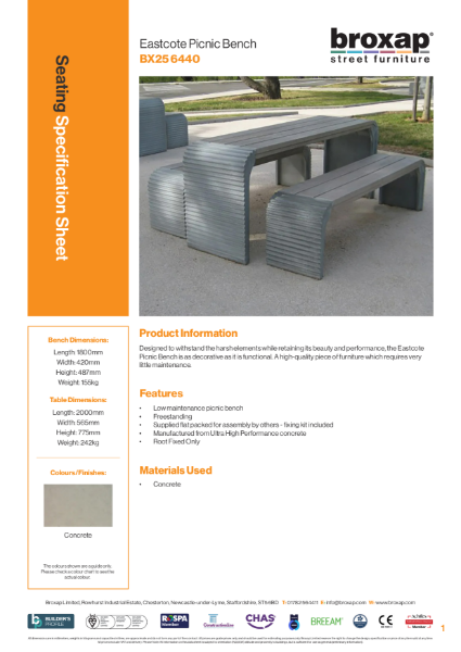 Eastcote Picnic Bench Specification Sheet