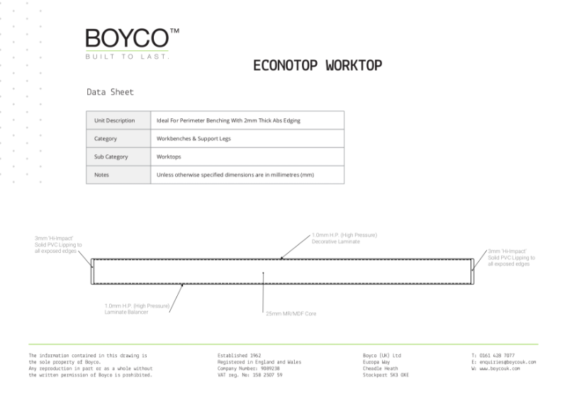 ECONOTOP WORKTOP DATA SHEET