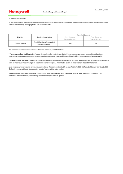 S3-S-VAD-LPR-R Recycled Content Declaration