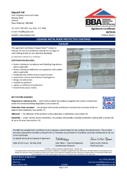 18/5536_1 FLEXLAP Cut Edge Corrosion Treatment BBA Certificate