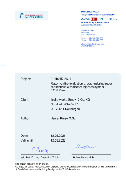 Report on fire evaluation of post-installed rebar connections with fischer injection system