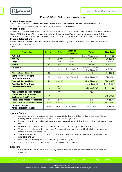 KlasseROCK® Rainscreen Insulation - TDS