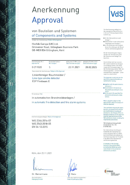 VdS Approval of Components and Systems | ESP Firebeam X