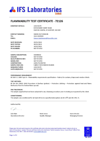 BS 5867-2 Type B Flammability Test Certificate