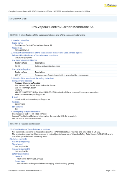 Safety Data Sheet - Pro-Vapour Control/Carrier Membrane SA