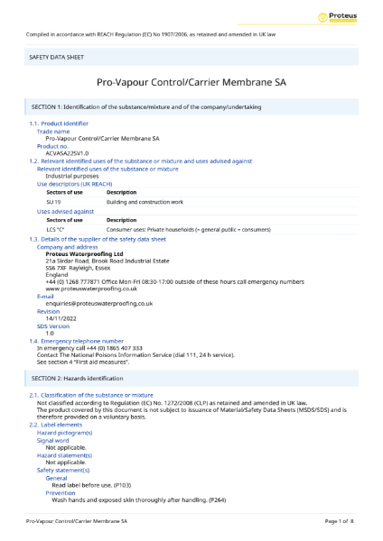 Material Safety Data Sheet - Proteus Pro-Vapour Control/Carrier Membrane SA