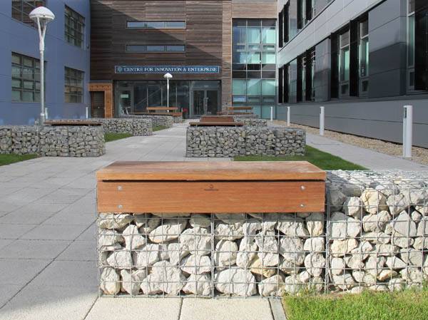 Gabion seat platforms for Begbroke Science Park, Oxford