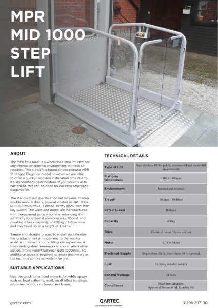 Gartec MPR Mid 1000 Platform Step Lift – Product Data Sheet