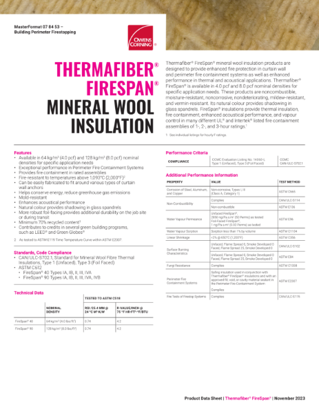 Thermafiber FireSpan Mineral Wool Insulation Data Sheet