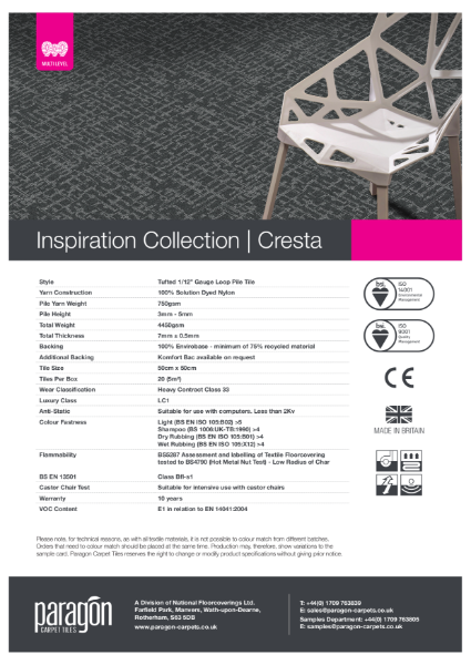 Paragon Carpet Tiles - Inspiration Collection - Cresta - Specification Information