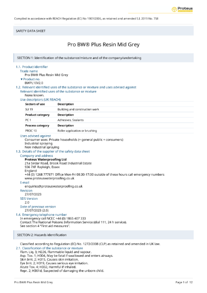 Material Safety Data Sheet - Proteus Pro BW® Plus Resin