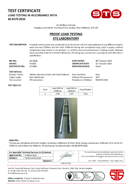 Certification - 100mm I-Plus Rail + Noggin Load Test