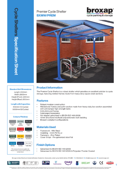Premier Cycle Shelter Specification Sheet