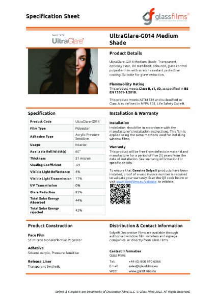 UltraGlare-G014 Medium Shade Specification Sheet