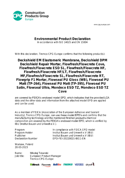 CPG EPD Products based on polyurethane, group 1 