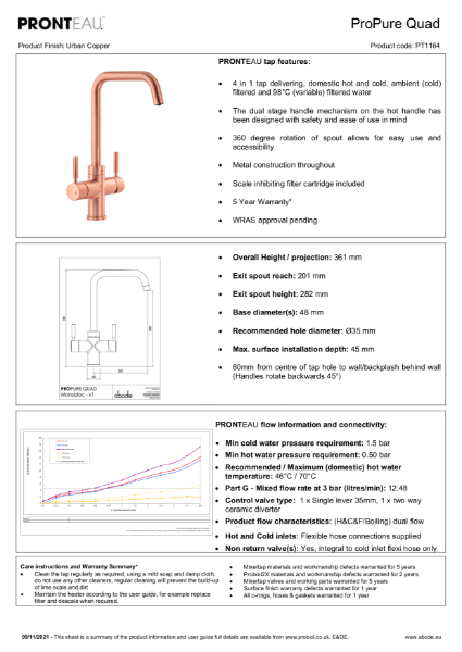 PT1164 PRONTEAU Propure Quad Spout (Urban Copper), 4 in 1 Tap - Consumer Specification