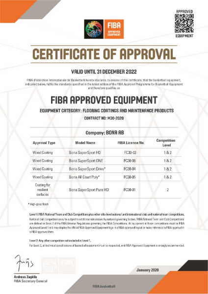 Bona SuperSport ONE - FIBA Certificate of Approval