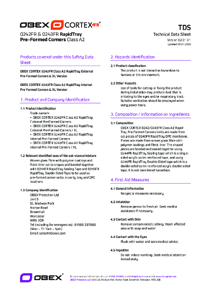 OBEX CORTEX 0242FR and 0243FR RapidTray Preformed Corners-SDS