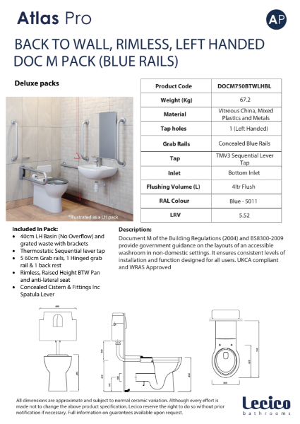 Atlas Pro Rimless DeLuxe Back to Wall DocM Pack Left Hand 40cm Basin Blue Rails Data Sheet