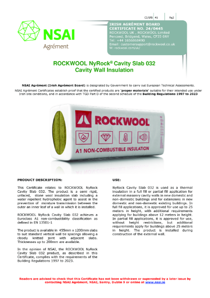 ROCKWOOL NyRock® Cavity Slab 032 Cavity Wall Insulation NSAI Agrément (Irish Agrément Board)