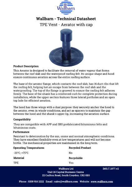 Datasheet - TPE  Vent / Aerator 240mm(H) with PP Cap