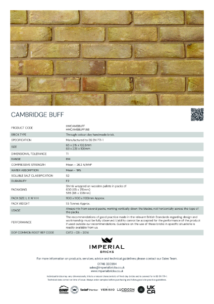 Imperial Bricks Cambridge Buff Data Sheet