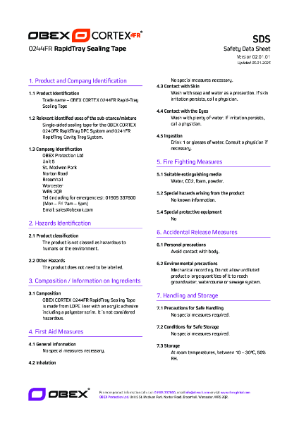 OBEX CORTEX 0244FR RapidTray Sealing Tape_SDS