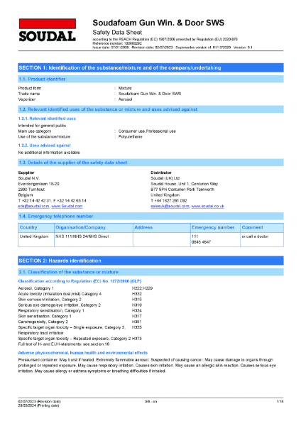 Safety Data Sheet -  Soudafoam Gun Window and Door SWS