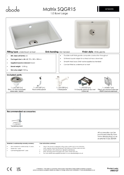 AW3127 (White Granite. 1.0 Bowl Large, No Drainer) - Consumer Specification